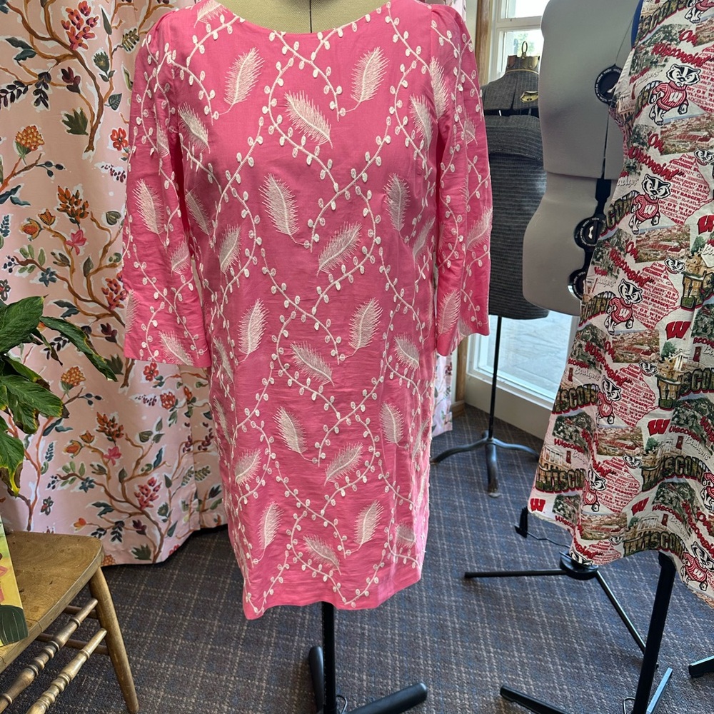 Talbots Pink and White Feather Print Dress